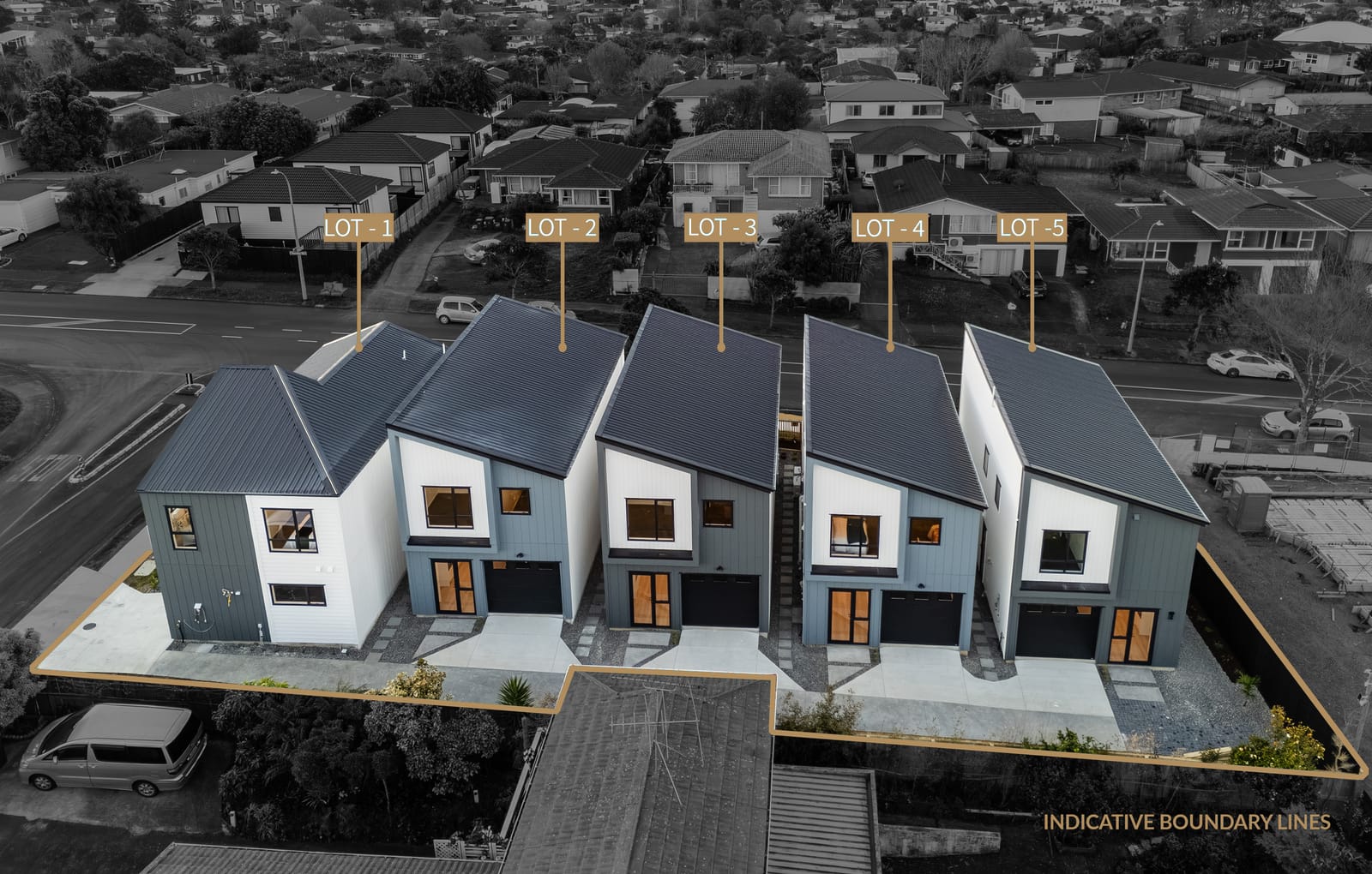Drone view of the development with each lot labelled, Lot 1 to Lot 5, and the indicative boundary outlined