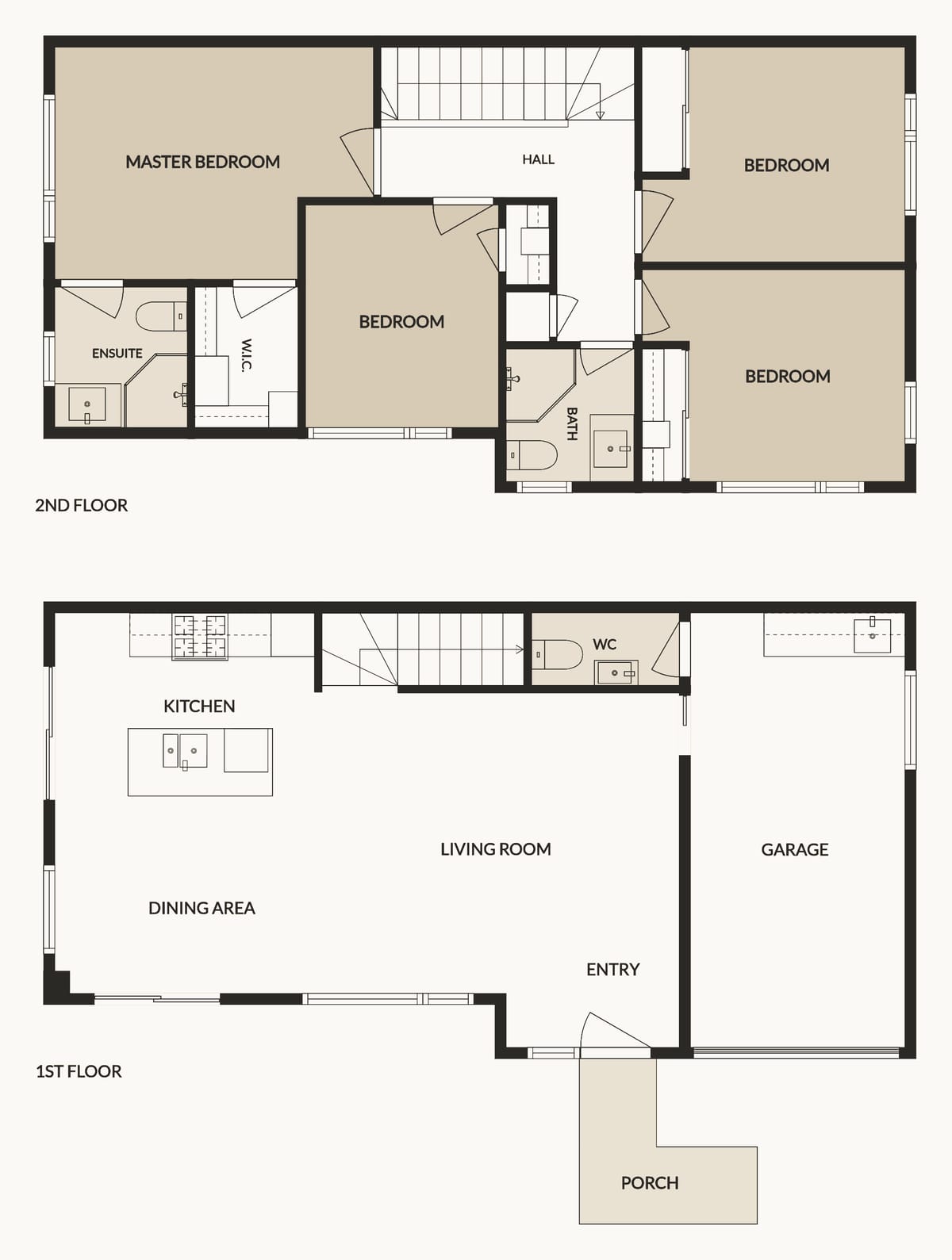 Floor plan of Lot 1. Ground floor: entry, open-plan kitchen with island, dining and living, a separate WC and the internal-access garage. Upper floor: main bedroom with ensuite and walk-in wardrobe, three further bedrooms and the family bathroom