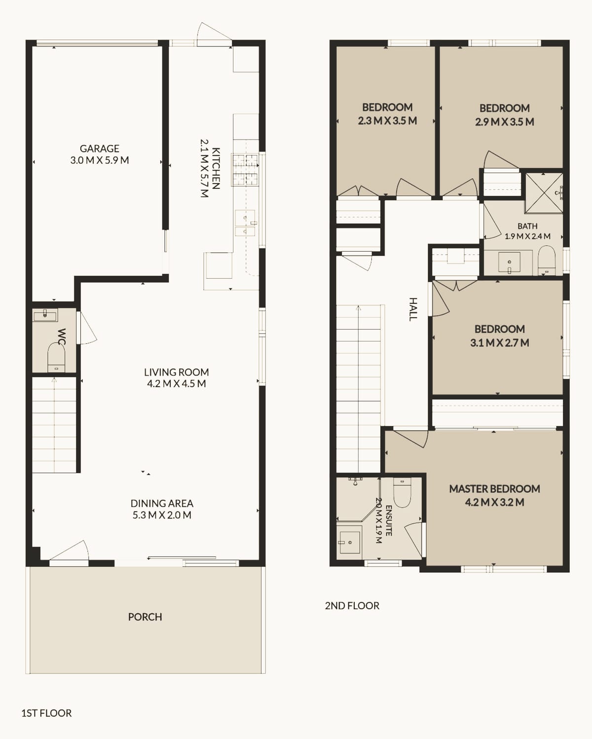 Floor plan of Lot 4 with room sizes. Ground floor: garage 3.0 by 5.9 metres, kitchen 2.1 by 5.7 metres, living room 4.2 by 4.5 metres, dining area 5.3 by 2.0 metres, a separate WC and the porch. Upper floor: main bedroom 4.2 by 3.2 metres with ensuite, bedrooms of 3.1 by 2.7, 2.9 by 3.5 and 2.3 by 3.5 metres, and the bathroom